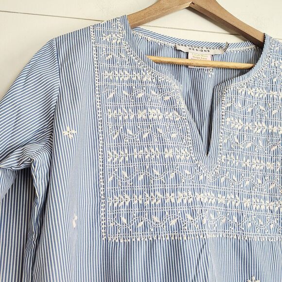 Gretchen Scott The Brooks Tunic Preppy Coastal Resortwear Blue Embroidered LARGE - Picture 4 of 11